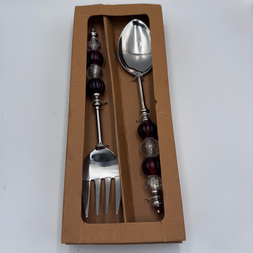 Pottery Barn Red Jeweled Servers Set Stainless Steel Glass Bead Handles New